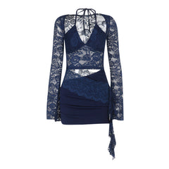 Long sleeve lace halter self tie ruched mini dress