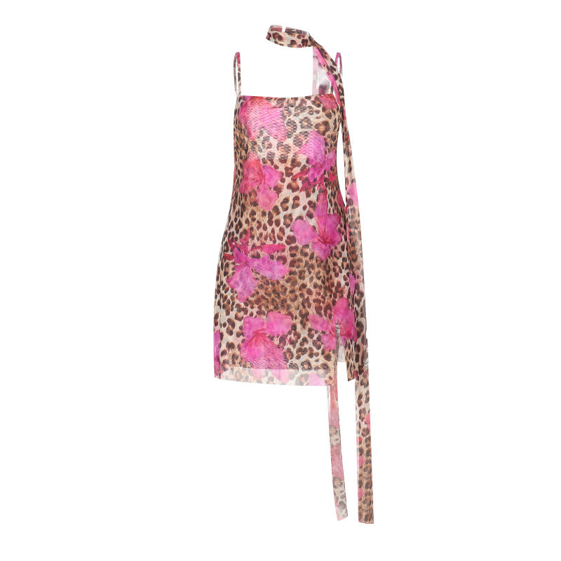 Leopard print mesh square neck cami mini dress