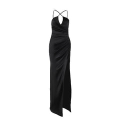 Cross front ruched high slit cami maxi dress