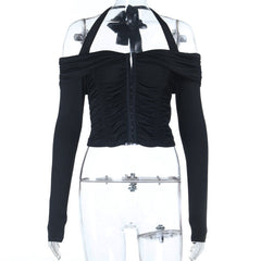 Halter self tie off shoulder button ruched top