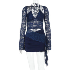 Long sleeve lace halter self tie ruched mini dress