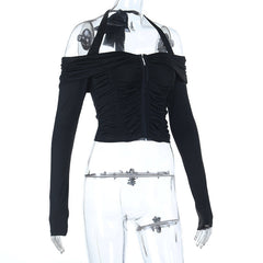 Halter self tie off shoulder button ruched top