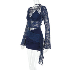 Long sleeve lace halter self tie ruched mini dress