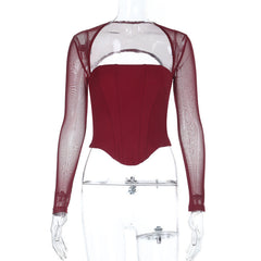 Long sleeve mesh square neck zip-up corset top