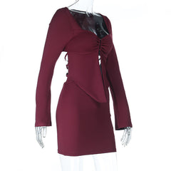 Ruched long sleeve v neck self tie mini dress