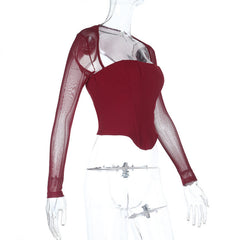 Long sleeve mesh square neck zip-up corset top