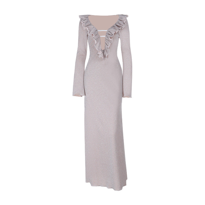 Ruffle long sleeve zip-up v neck maxi dress