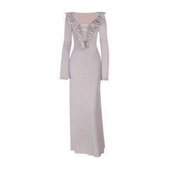 Ruffle long sleeve zip-up v neck maxi dress