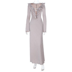 Ruffle long sleeve zip-up v neck maxi dress