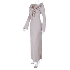 Ruffle long sleeve zip-up v neck maxi dress