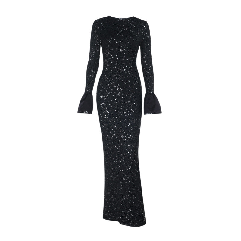 Long flared sleeve crewneck slit maxi dress