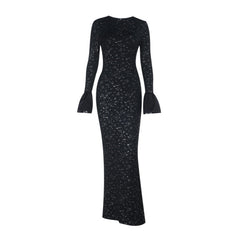 Long flared sleeve crewneck slit maxi dress