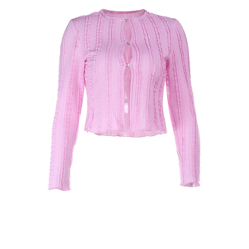 Hollow out long sleeve crewneck textured crop cut out top