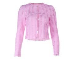 Hollow out long sleeve crewneck textured crop cut out top