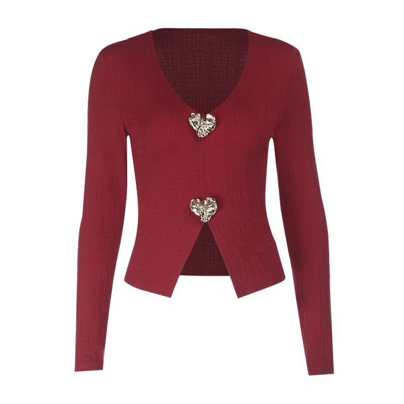 Long sleeve v neck slit solid top