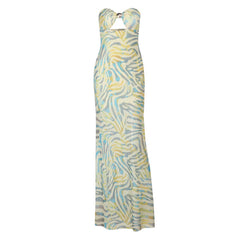 Ripple print hollow out mesh tube cut out maxi dress