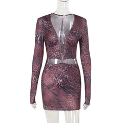 Long sleeve deep v neck print hollow out cut out mini dress