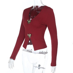 Long sleeve v neck slit solid top