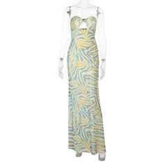Ripple print hollow out mesh tube cut out maxi dress