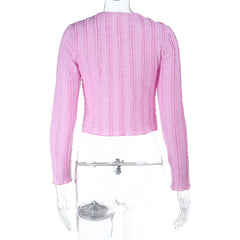 Hollow out long sleeve crewneck textured crop cut out top