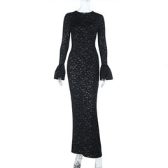 Long flared sleeve crewneck slit maxi dress