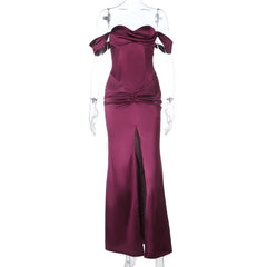 Off shoulder satin ruched zip-up slit maxi dress