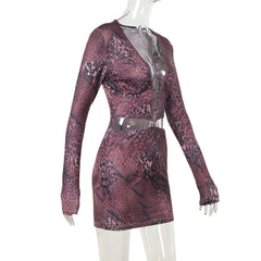 Long sleeve deep v neck print hollow out cut out mini dress