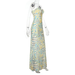 Ripple print hollow out mesh tube cut out maxi dress