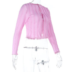 Hollow out long sleeve crewneck textured crop cut out top