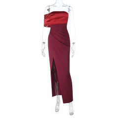 Irregular high slit pleated zip-up maxi dress