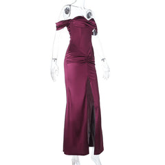 Off shoulder satin ruched zip-up slit maxi dress
