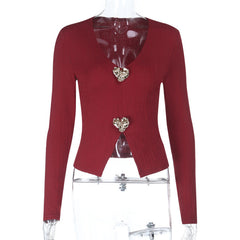 Long sleeve v neck slit solid top