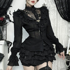 Long sleeve lace button ruffle solid top
