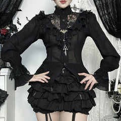 Long sleeve lace button ruffle solid top