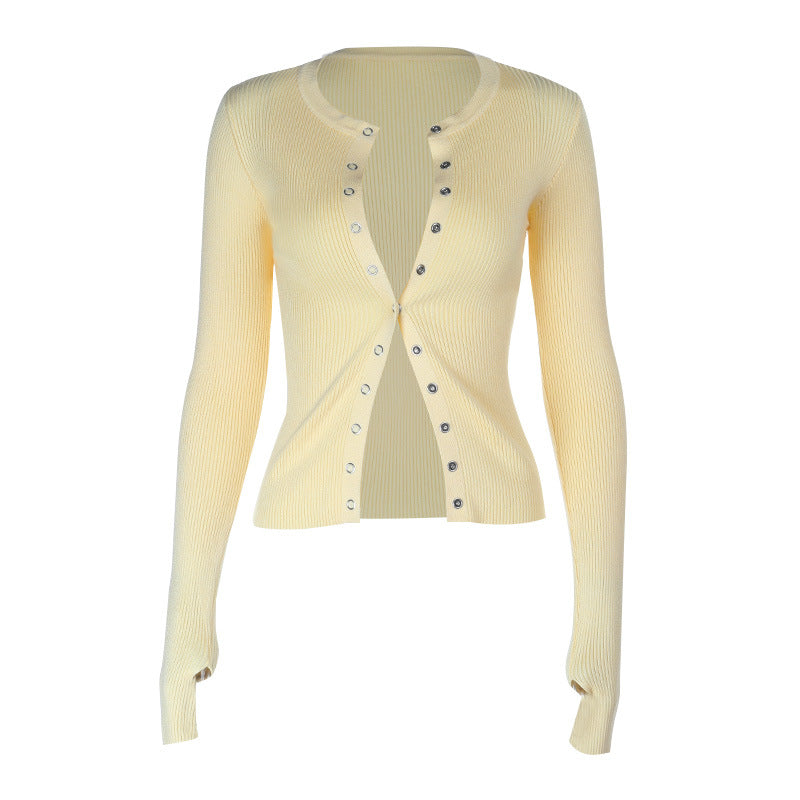 Gloves long sleeve button crewneck ribbed top
