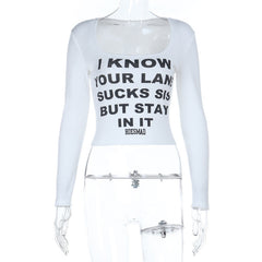 Square neck long sleeve letter pattern top