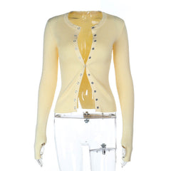 Gloves long sleeve button crewneck ribbed top
