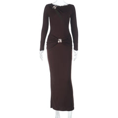 Long sleeve hollow out ruched irregular cut out midi dress