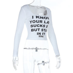 Square neck long sleeve letter pattern top
