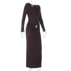 Long sleeve hollow out ruched irregular cut out midi dress