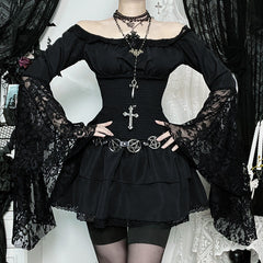 Long flared sleeve off shoulder lace ruched mini dress