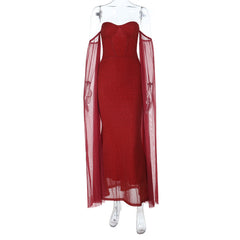 Off shoulder long sleeve mesh tube maxi dress