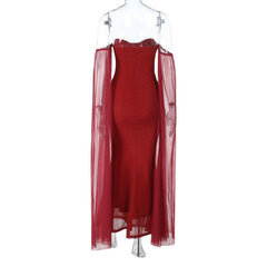 Off shoulder long sleeve mesh tube maxi dress