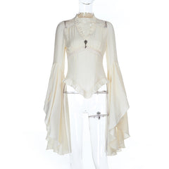 Long flared sleeve v neck ruched solid top
