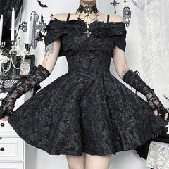 Off shoulder cross applique zip-up mini dress