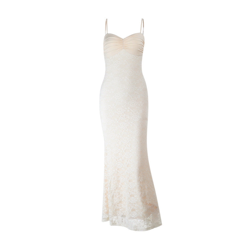 Ruched lace zip-up cami maxi dress