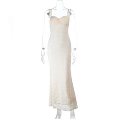 Ruched lace zip-up cami maxi dress