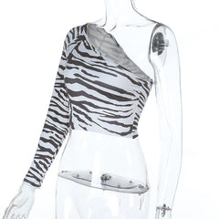 One shoulder long sleeve zebra print top