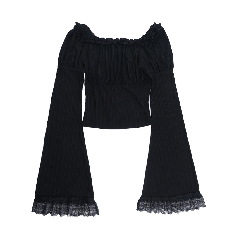 Long flared sleeve ruffle lace hem top