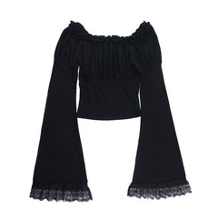 Long flared sleeve ruffle lace hem top